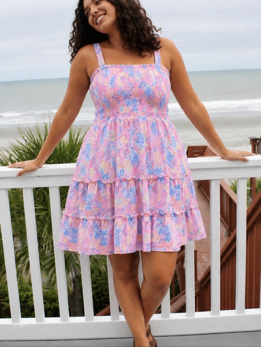 Simply Southern Pineapple Tropical Smocked Tiered Mini Dress Pink Blue XL NWT